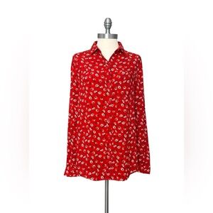 BeachLunchLounge Alanna Red Floral Button Down LongSleeve Shirt Top Size Small